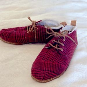 Tom’s ankle booties. Black and red plaid